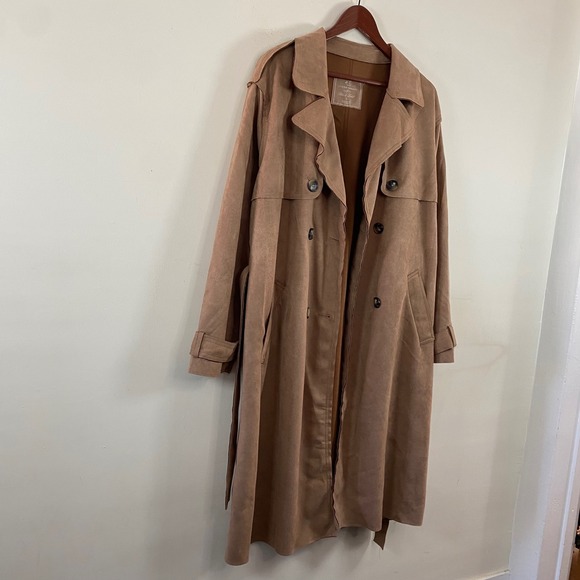 Love For Humanity Faux Suede Trench Coat Size Large NWT Camel Color - Picture 3 of 9